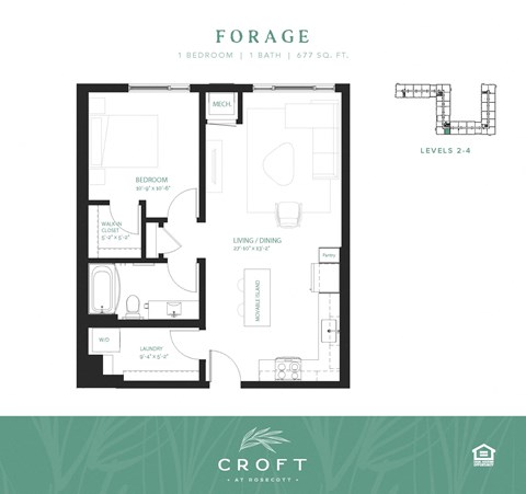 Floor plan for 1 bed, 1 bath, 677 sqft